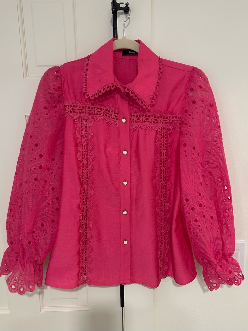 Women's Hot Pink Eyelet Lace Button-Up Blouse